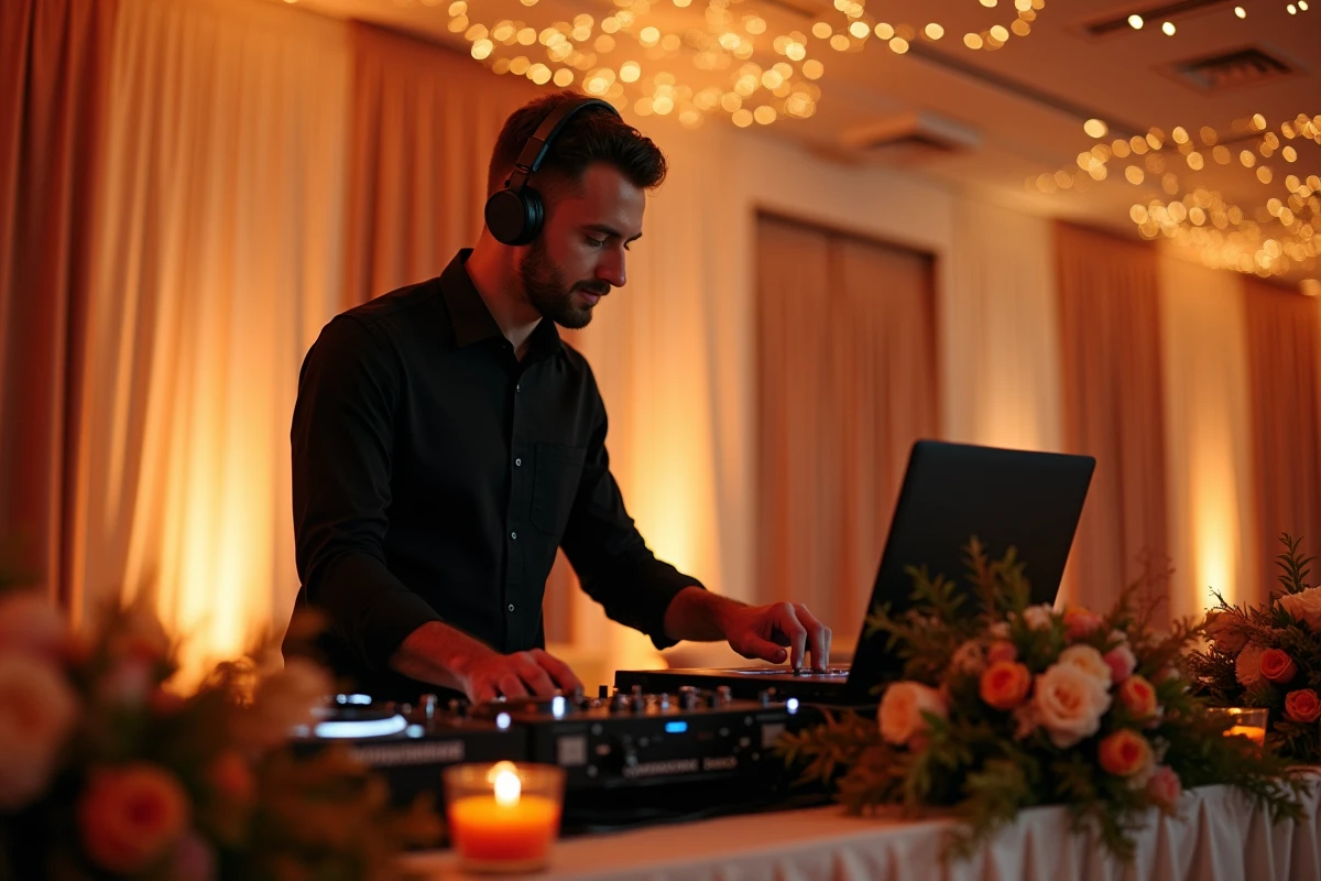 DJ professionnel en pleine action lors d'une réception de mariage, ajustant son équipement derrière une table de mixage décorée dans une salle de réception élégante