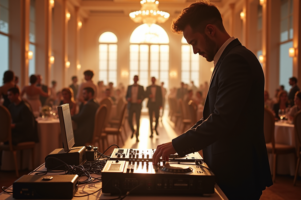 DJ préparant le matériel pour un mariage en salle lumineuse