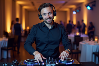 DJ homme en soirée élégante avec casque et équipement