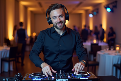 DJ homme en soirée élégante avec casque et équipement