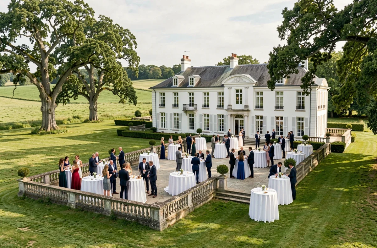 Cocktail de mariage sur la terrasse en pierre du Domaine de Brandois avec vue sur les prairies verdoyantes