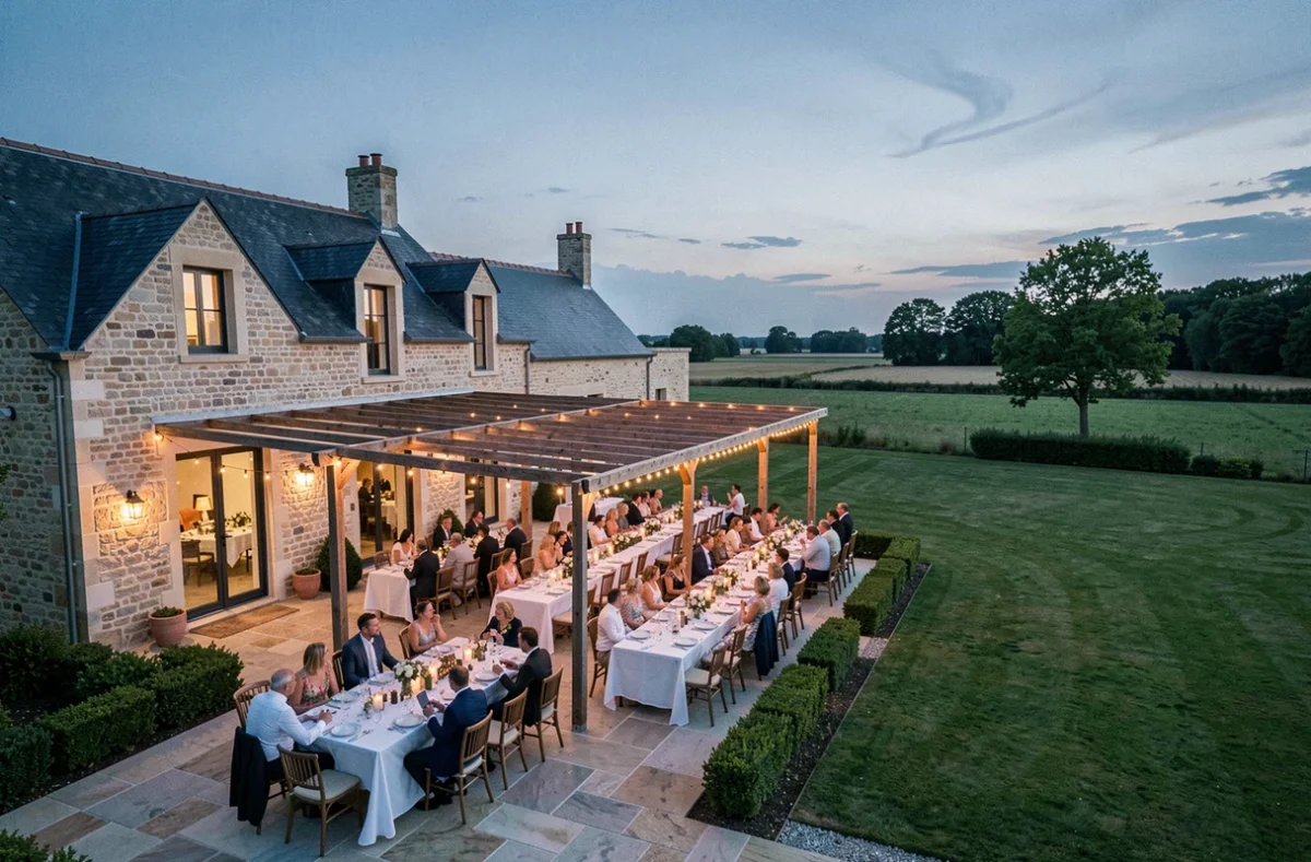 Réception de mariage en soirée avec guirlandes lumineuses sur la terrasse du Domaine de la Briaudière