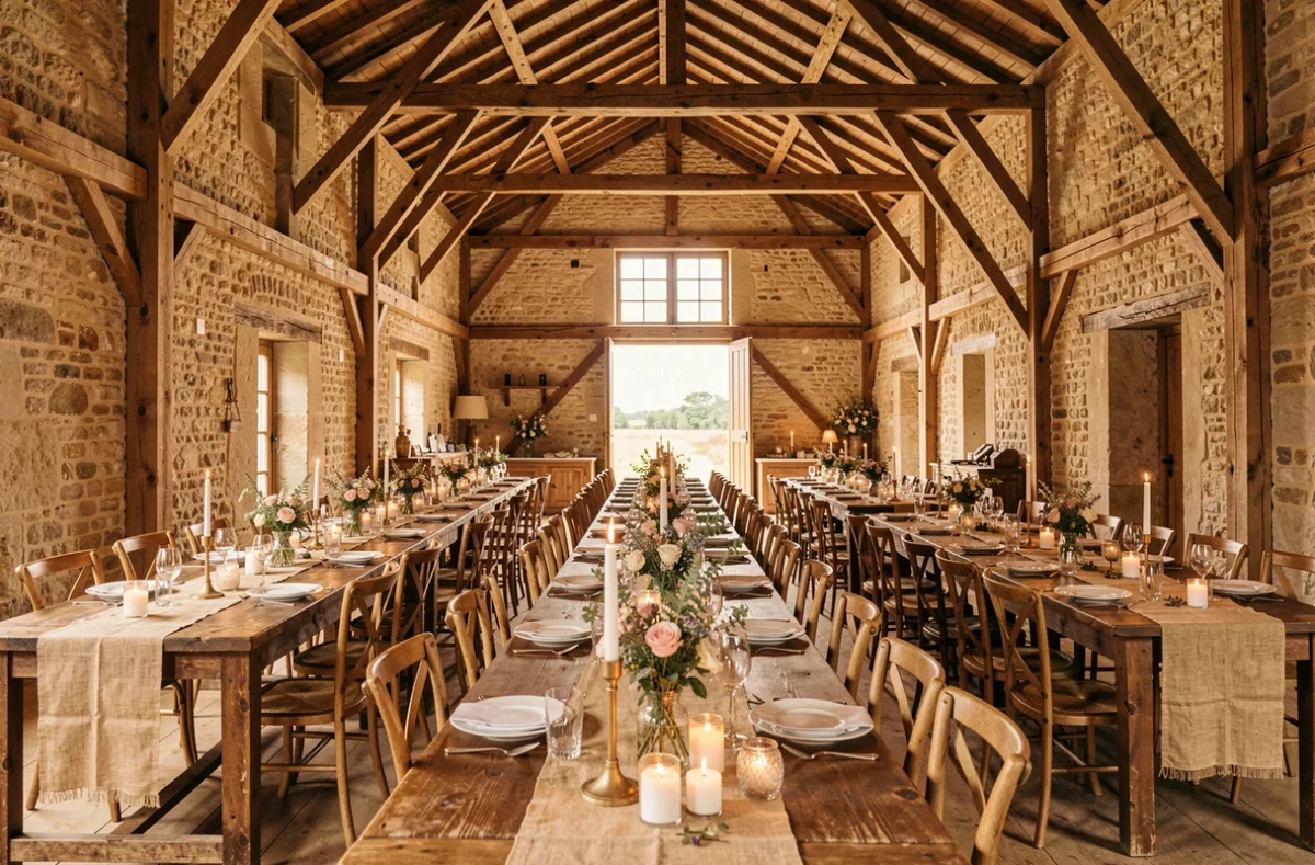 Intérieur d'une grange décorée pour un mariage champêtre au Domaine de la Gerberie en Vendée