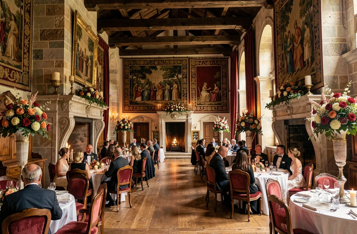Salle de réception décorée pour un mariage dans le cadre majestueux du Domaine du Puy du Fou en Vendée