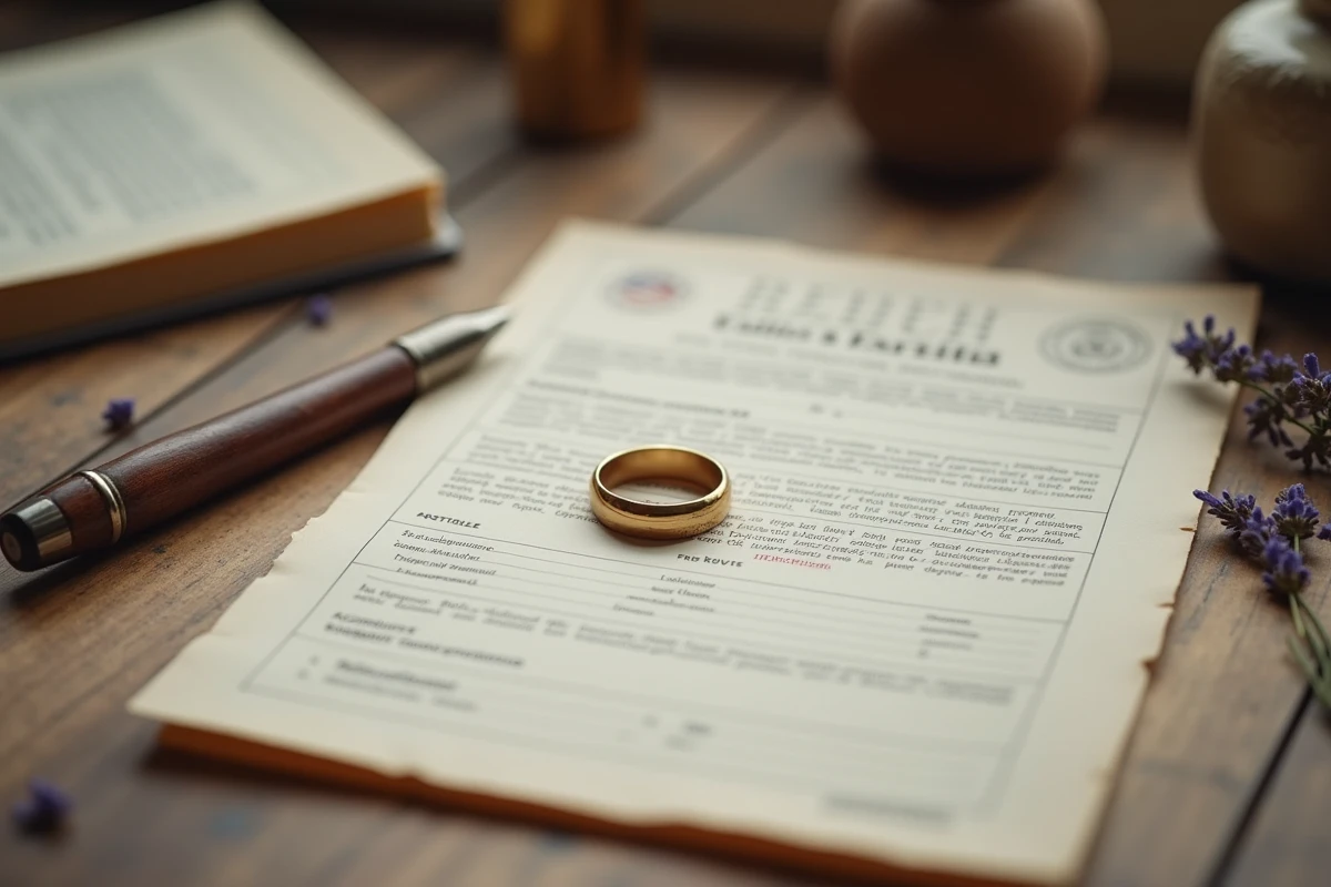 Documents officiels de mariage civil à la mairie avec alliance et stylo sur une table en bois