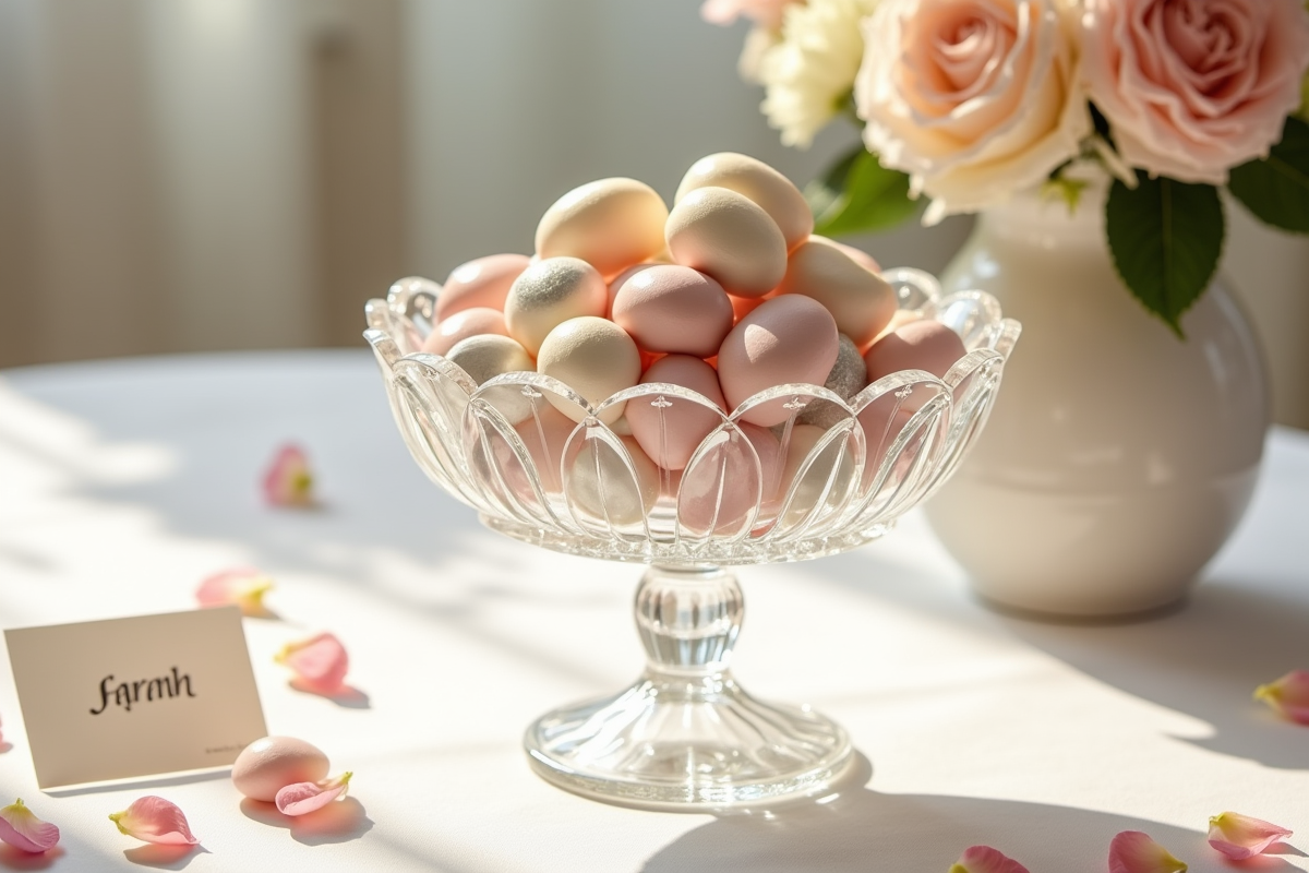 Bol en cristal rempli de dragées colorées sur table décorée