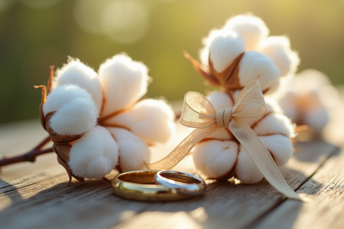 Gros plan sur fleurs de coton et alliances sur bois en lumière douce