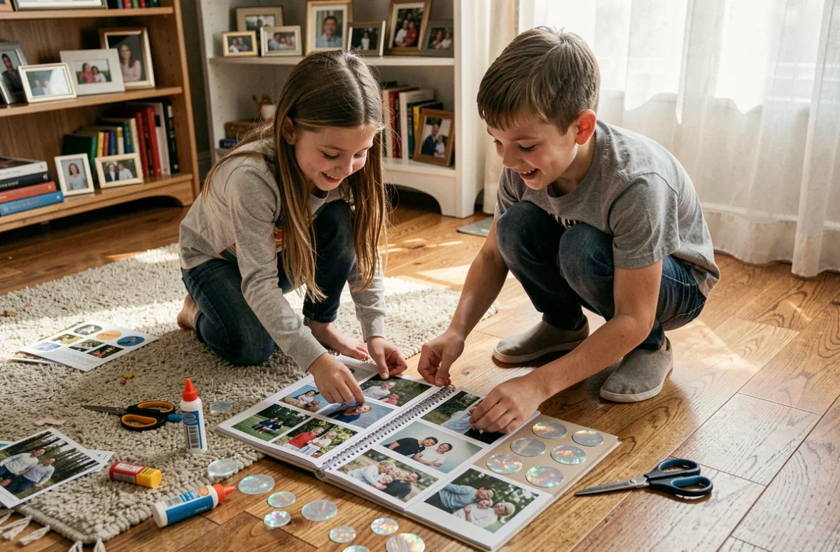 Enfants préparant un album souvenir pour les 21 ans de mariage de leurs parents noces d'opale