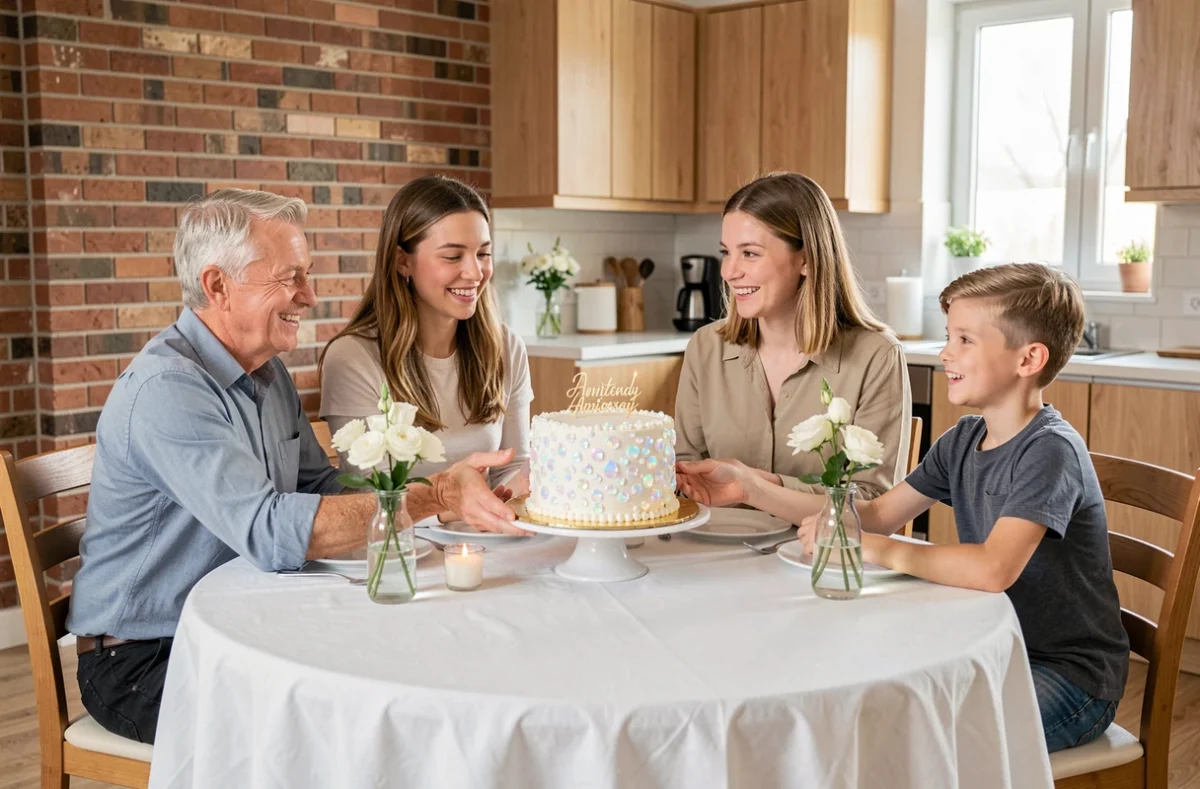 Enfants offrant un gâteau anniversaire à leurs parents pour célébrer 21 ans de mariage noces d'opale