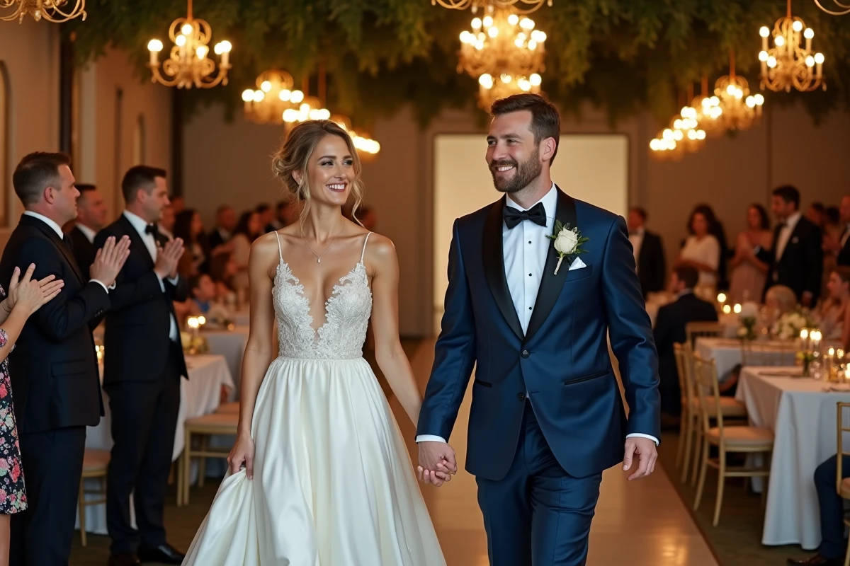 Mariés souriant et riant lors de leur entrée triomphale dans la salle de réception devant leurs invités applaudissant