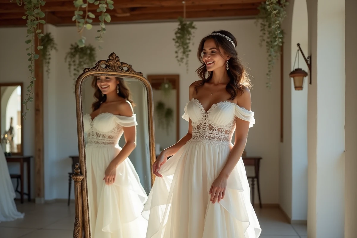 Femme ronde essayant une robe de mariée bohème à jupe en organza dans une boutique de mariage rustique avec miroir vintage