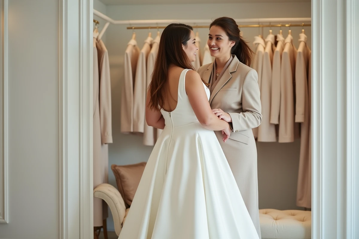 Femme grande taille essayant une robe de mariée trapèze en soie ivoire avec l'aide d'une conseillère dans une boutique moderne
