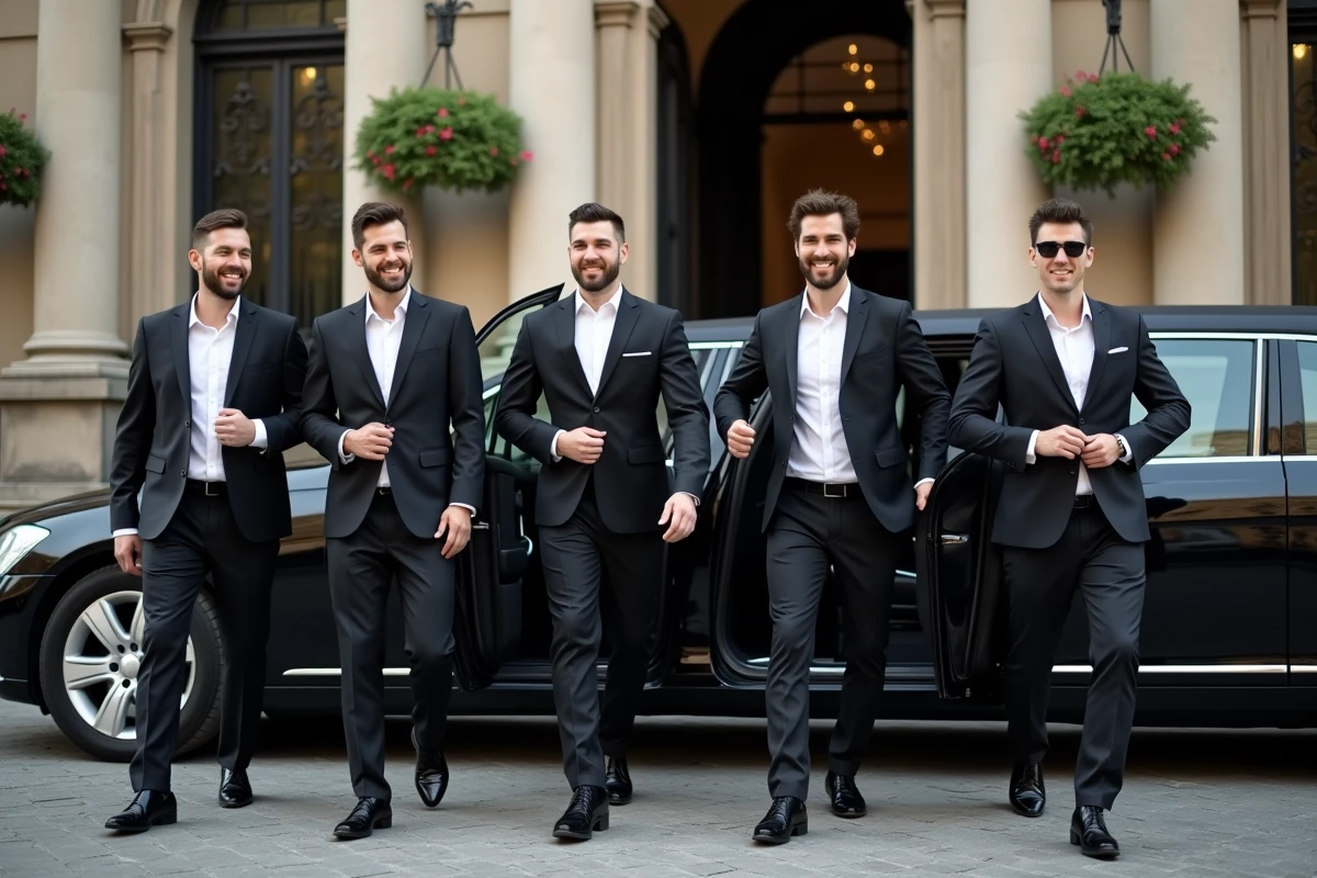 Groupe d'hommes en costume sortant d'une limousine noire devant un bâtiment historique lors d'un EVG
