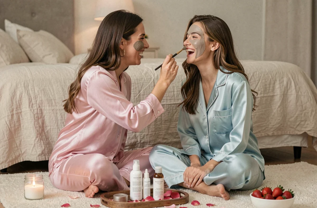 Deux amies s'appliquant des masques visage lors d'une soirée EVJF bien-être à domicile