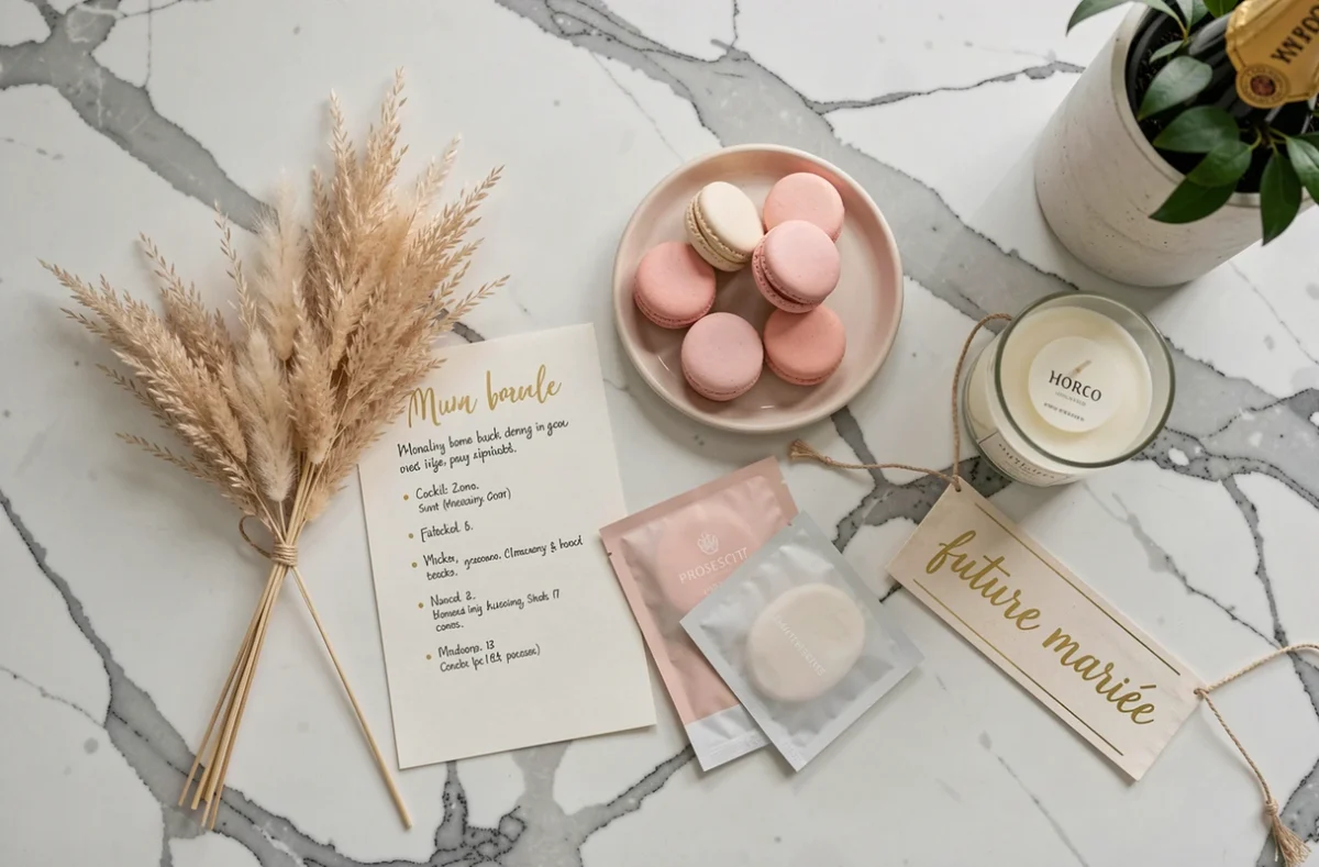 Flat lay des accessoires pour un EVJF cocooning à la maison avec prosecco, macarons et soins beauté