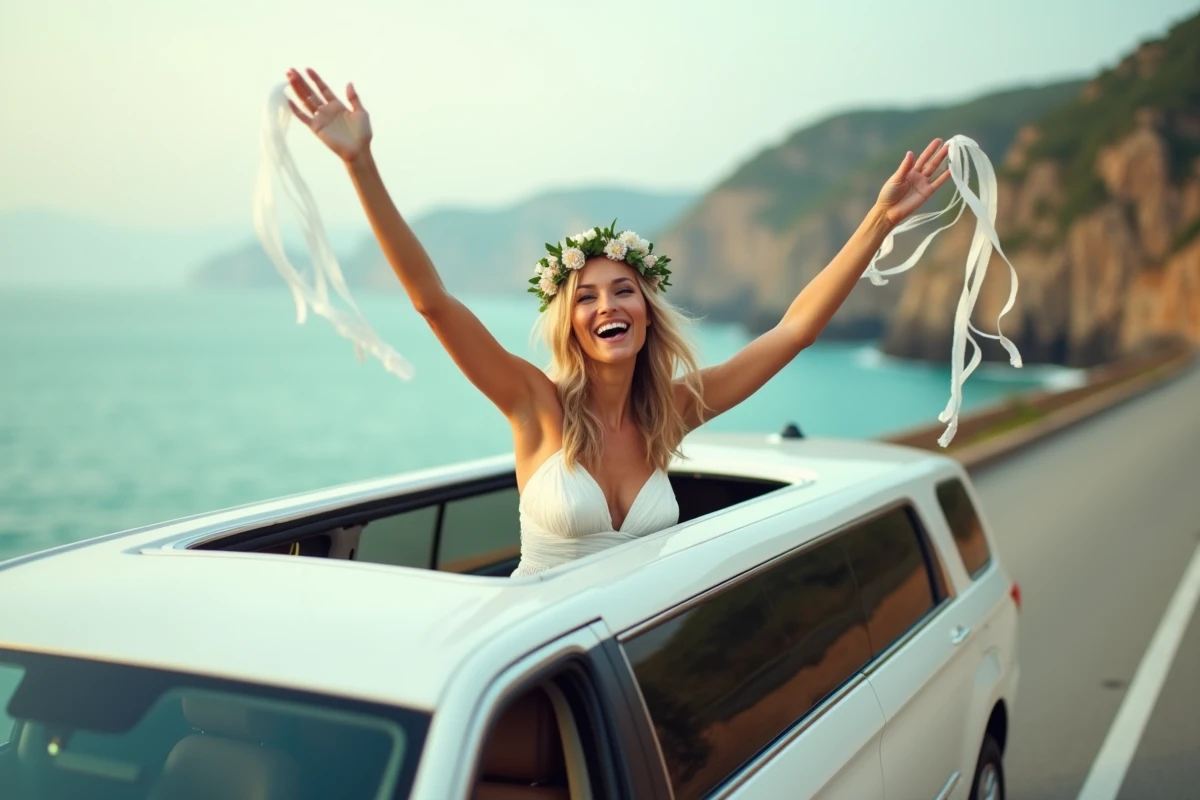 Future mariée émergeant du toit ouvrant d'une limousine blanche sur une route côtière lors d'un EVJF festif