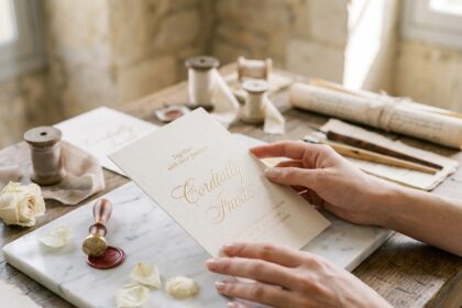 Mains tenant un faire-part de mariage chic en papier ivoire avec dorures, posé sur marbre entouré de roses séchées et d'accessoires de calligraphie