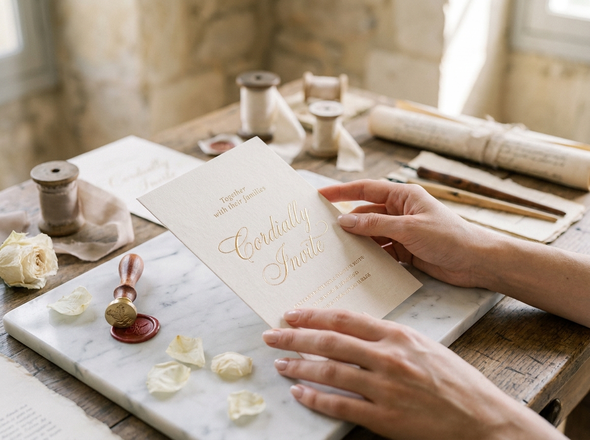 Mains tenant un faire-part de mariage chic en papier ivoire avec dorures, posé sur marbre entouré de roses séchées et d'accessoires de calligraphie
