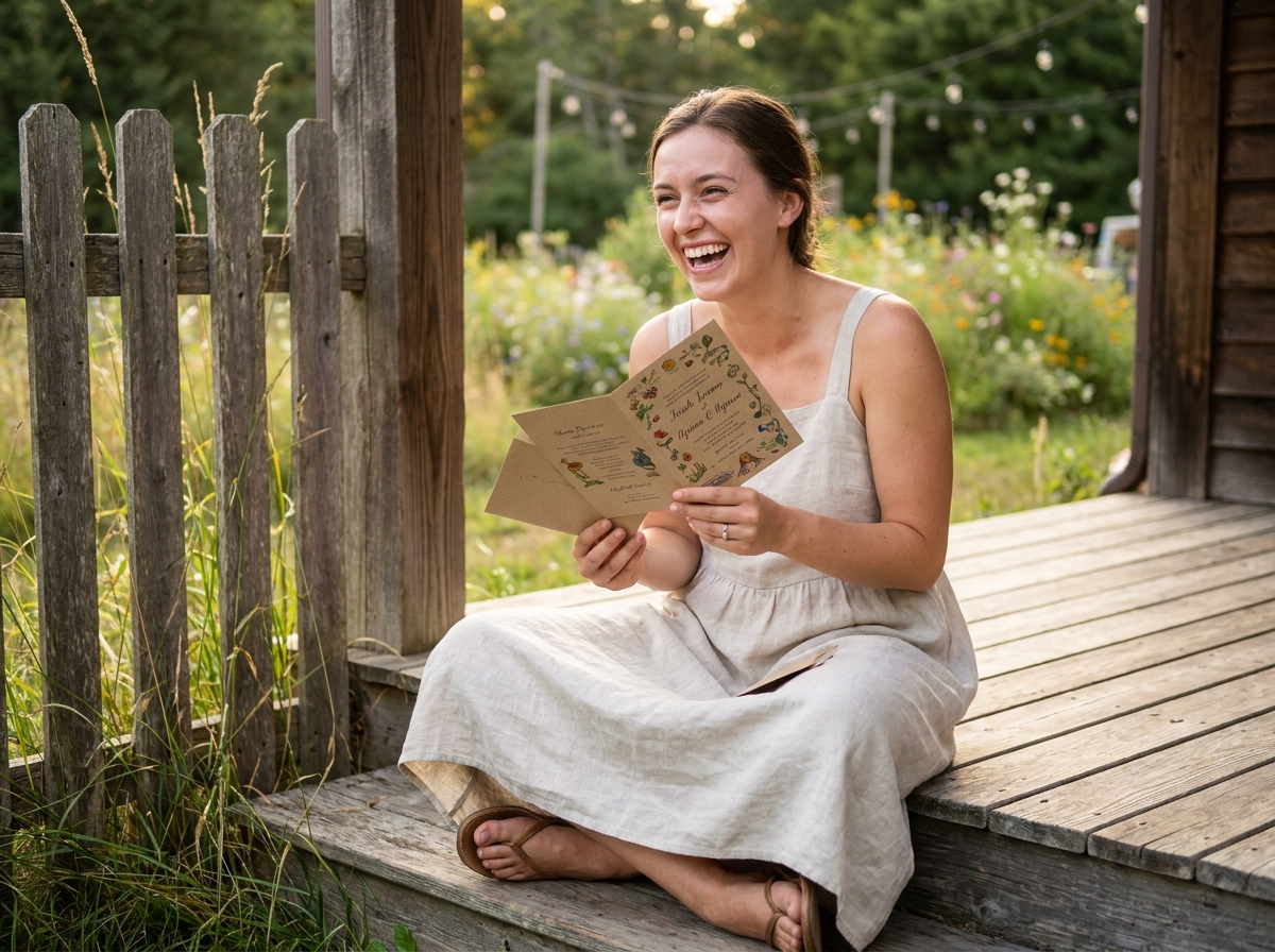 Jeune femme souriante découvrant un faire-part de mariage décontracté en papier kraft illustré, assise sur une terrasse en bois à la campagne