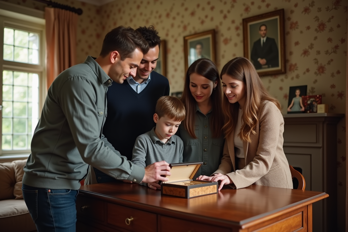 Famille diverse explore une boîte à bijoux ancienne dans une maison chaleureuse