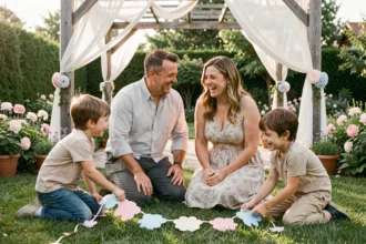 Famille célébrant 21 ans de mariage avec les enfants dans un jardin décoré pour les noces d'opale
