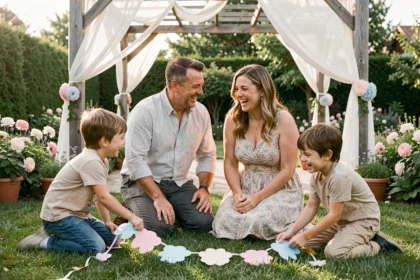 Famille célébrant 21 ans de mariage avec les enfants dans un jardin décoré pour les noces d'opale