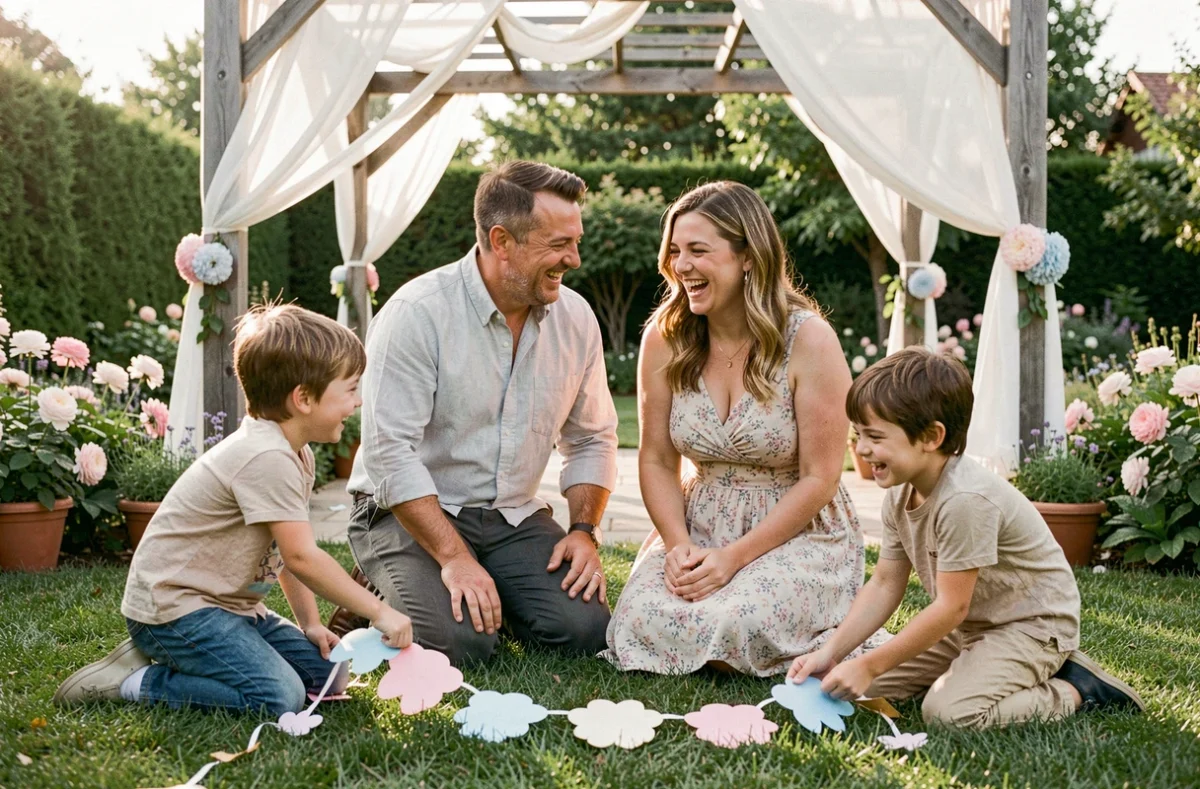 Famille célébrant 21 ans de mariage avec les enfants dans un jardin décoré pour les noces d'opale