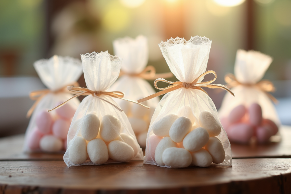 Faveurs de mariage avec amandes en sucre pastel sur table rustique
