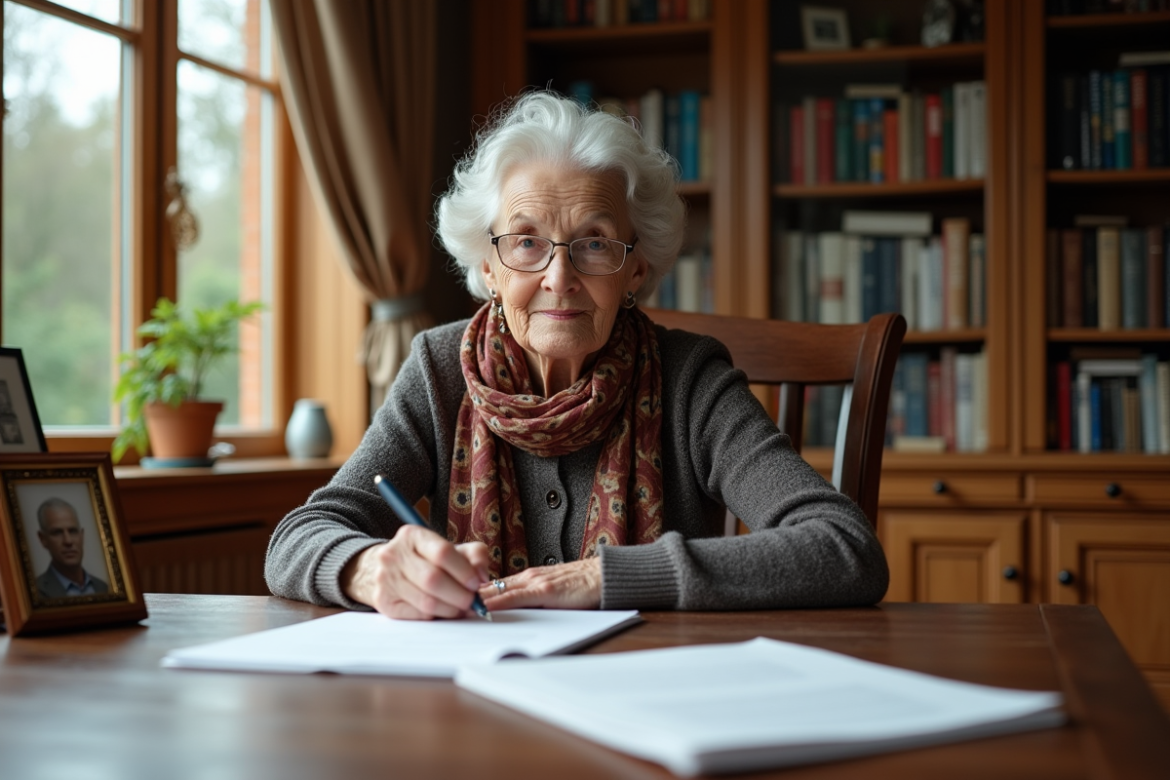 Femme agee examine des documents juridiques dans un salon lumineux