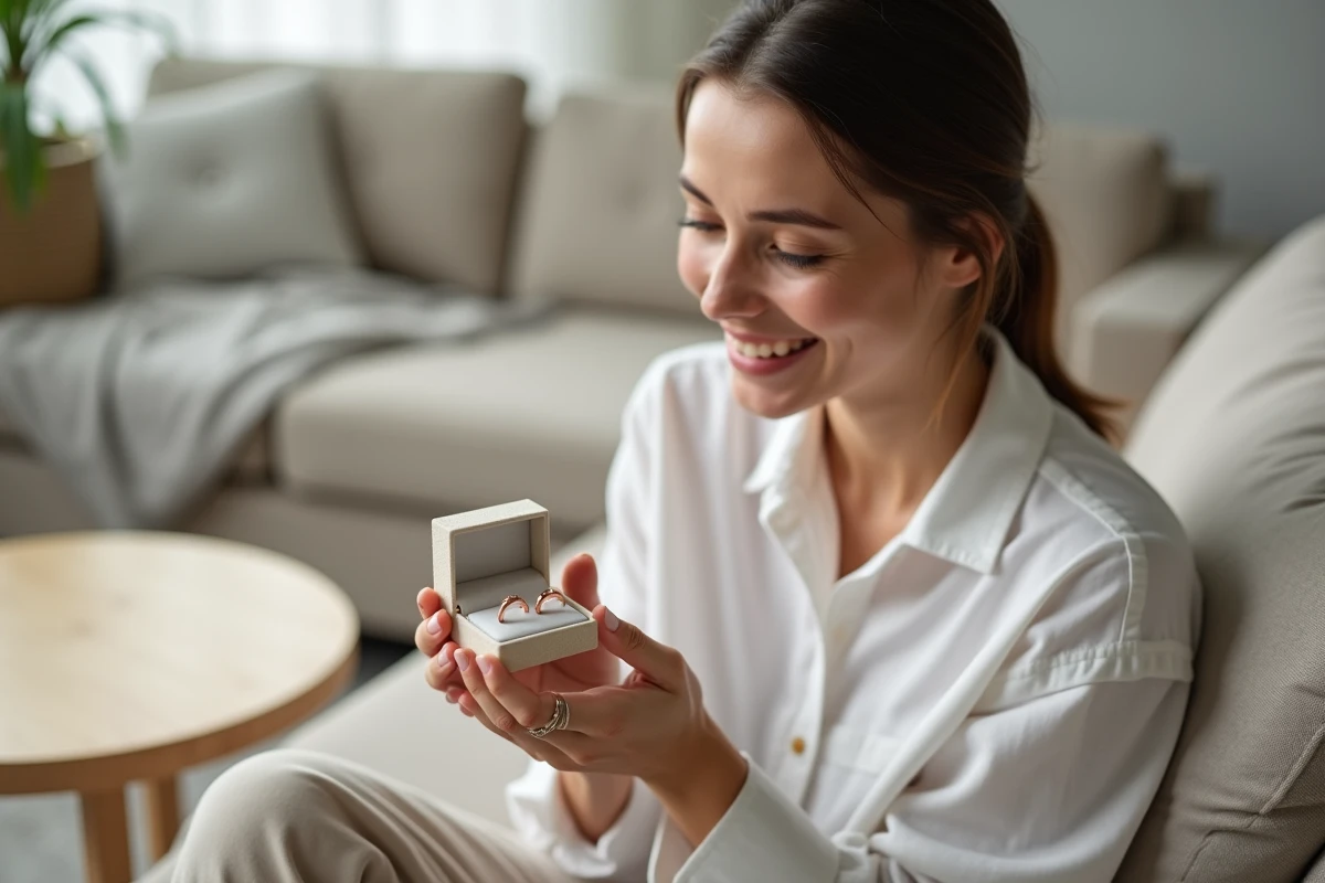 Femme contemplant deux bagues duo en or rose dans un appartement scandinave minimaliste avec un sourire attendri