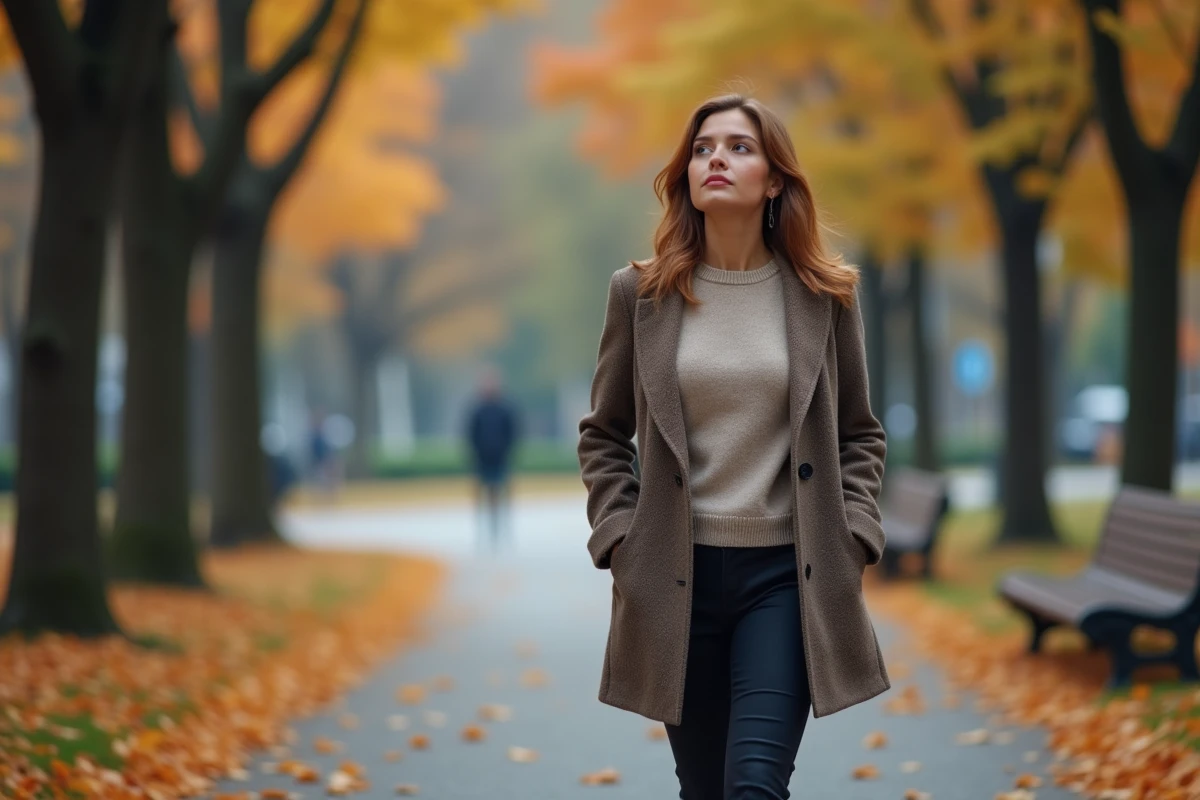 Femme marche dans un parc automnal avec feuilles