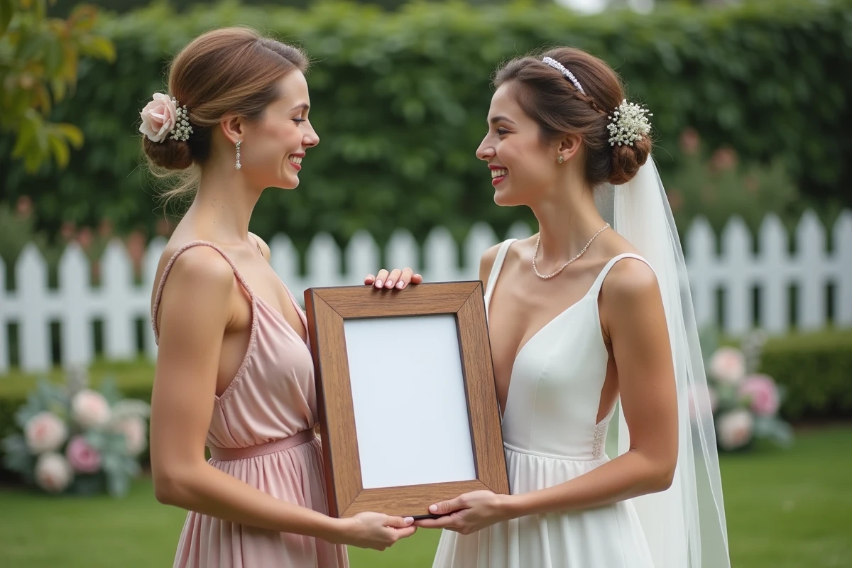 Femme souriante offre un cadre photo gravé lors d’un mariage en extérieur