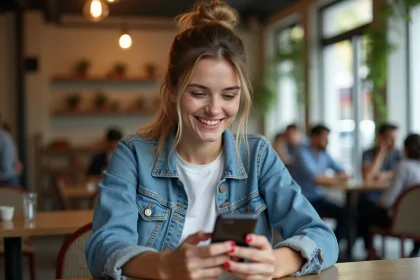 Femme souriante utilisant une application de rencontre au café