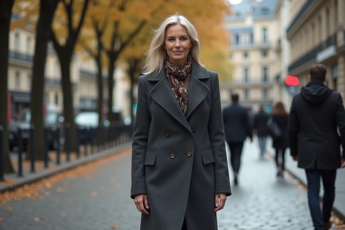 Femme élégante marchant dans une rue parisienne en automne, évoquant la discrétion et l'identité de l'épouse d'un personnage médiatique