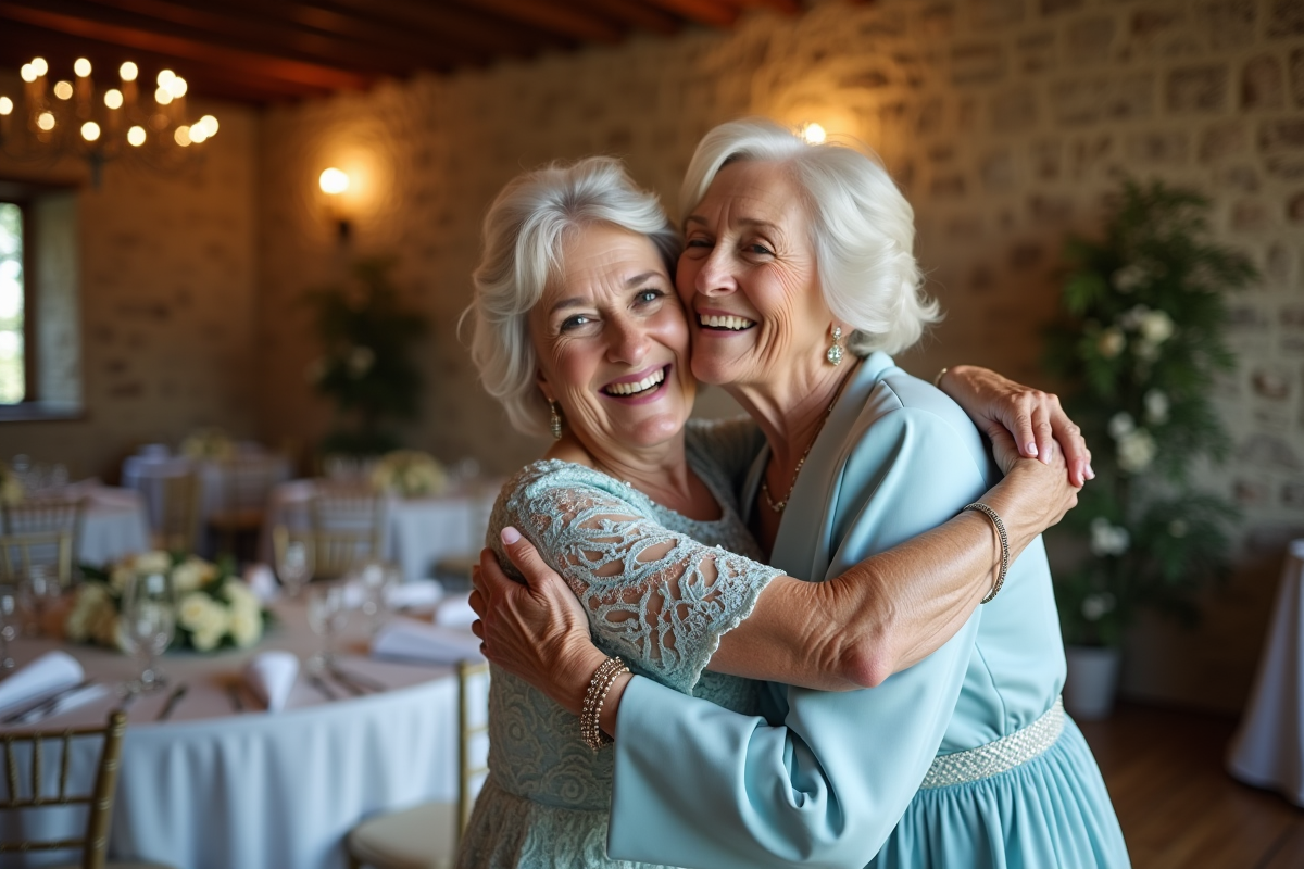 Femme âgée embrassant la mariée dans la salle de réception