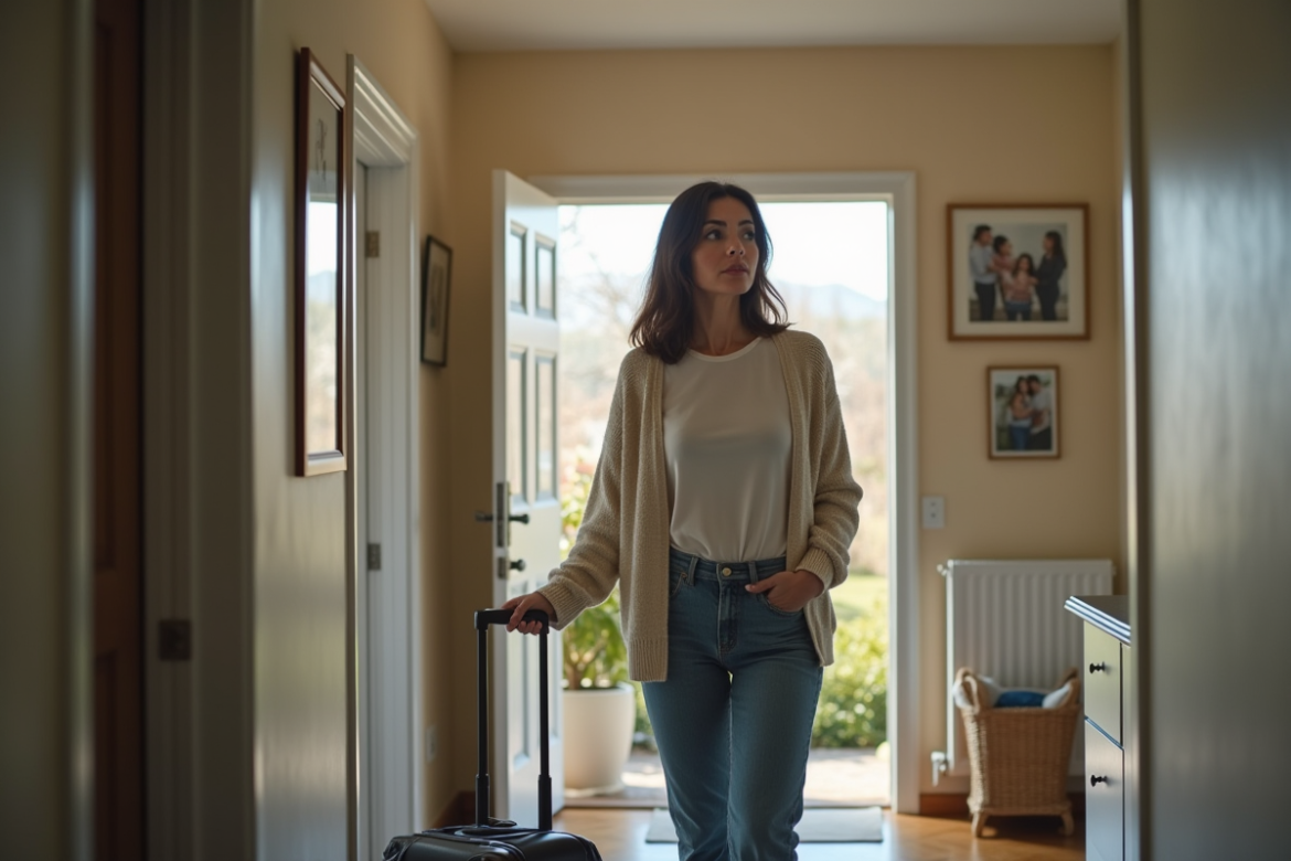 Femme dans un couloir moderne avec valise en main