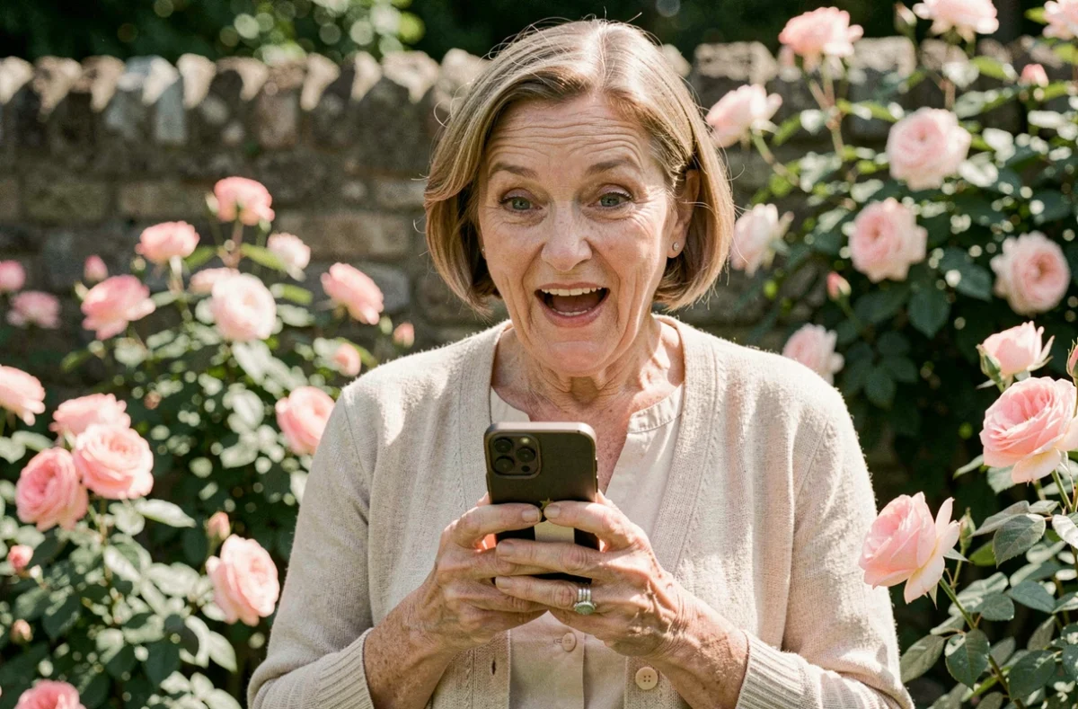 Femme souriante dans un jardin fleuri lisant un message d'anniversaire de mariage sur son téléphone