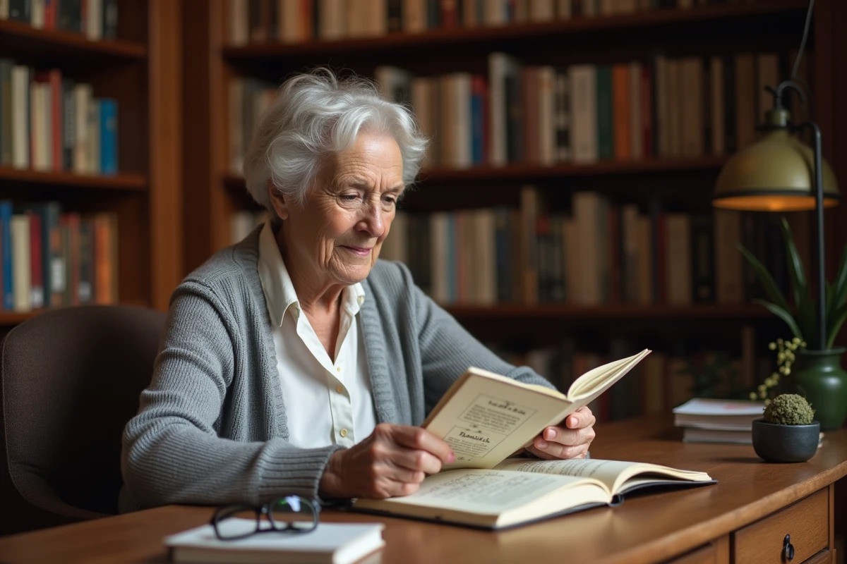 Femme âgée lisant un livret illustré sur les noces de mariage dans une bibliothèque chaleureuse