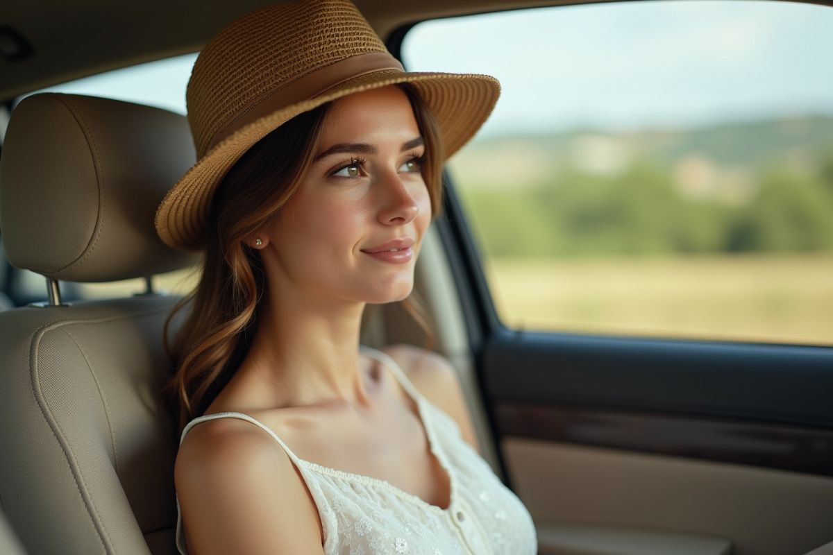 Jeune mariée regardant par la fenêtre de voiture après le mariage