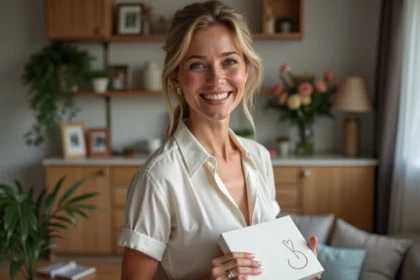 Femme souriante avec carte de mariage et cadeau dans un salon chaleureux