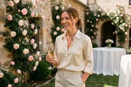 Femme élégante en tenue ivoire riant lors d'une réception de mariage dans un jardin français fleuri