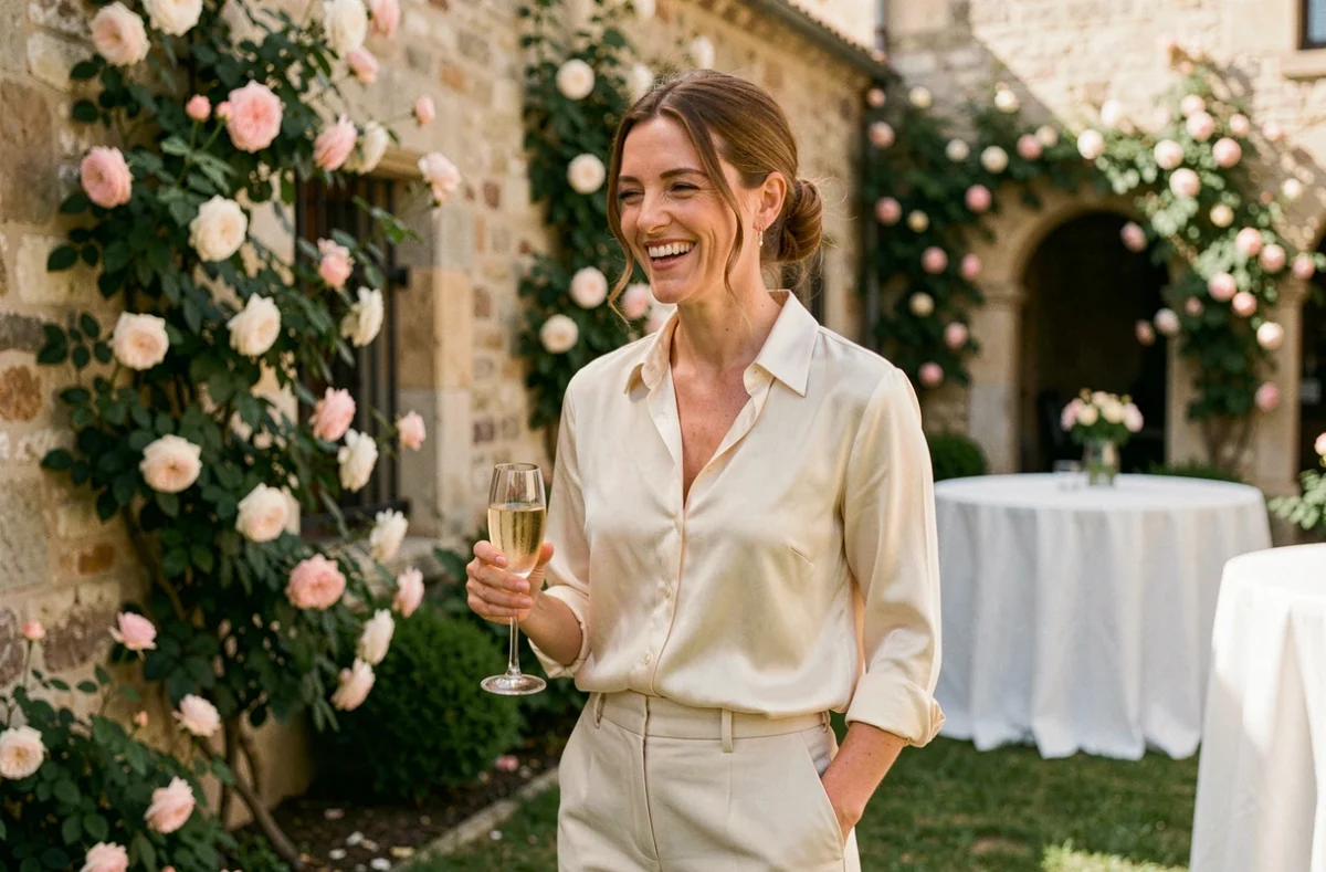 Femme élégante en tenue ivoire riant lors d'une réception de mariage dans un jardin français fleuri
