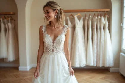 Jeune femme en robe de mariée ajustant la robe dans une boutique à Nantes