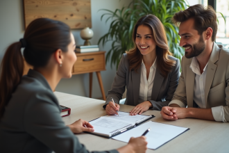 Organisatrice de mariage accueillant un couple au bureau