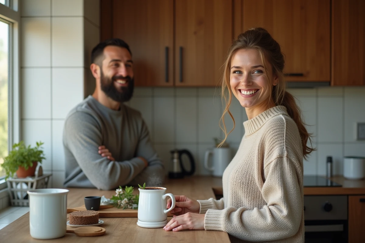 Femme préparant le thé dans une cuisine chaleureuse