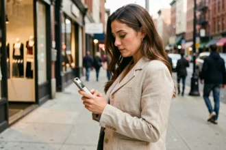 Femme cherchant un photographe disponible près de chez elle sur son smartphone en ville