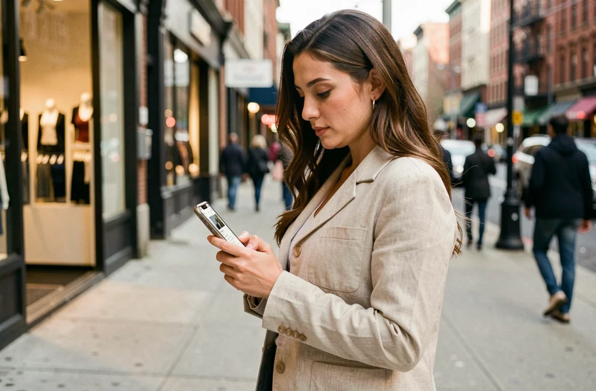 Femme cherchant un photographe disponible près de chez elle sur son smartphone en ville
