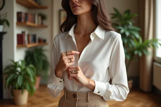 Femme ajustant une bague en or dans un appartement parisien