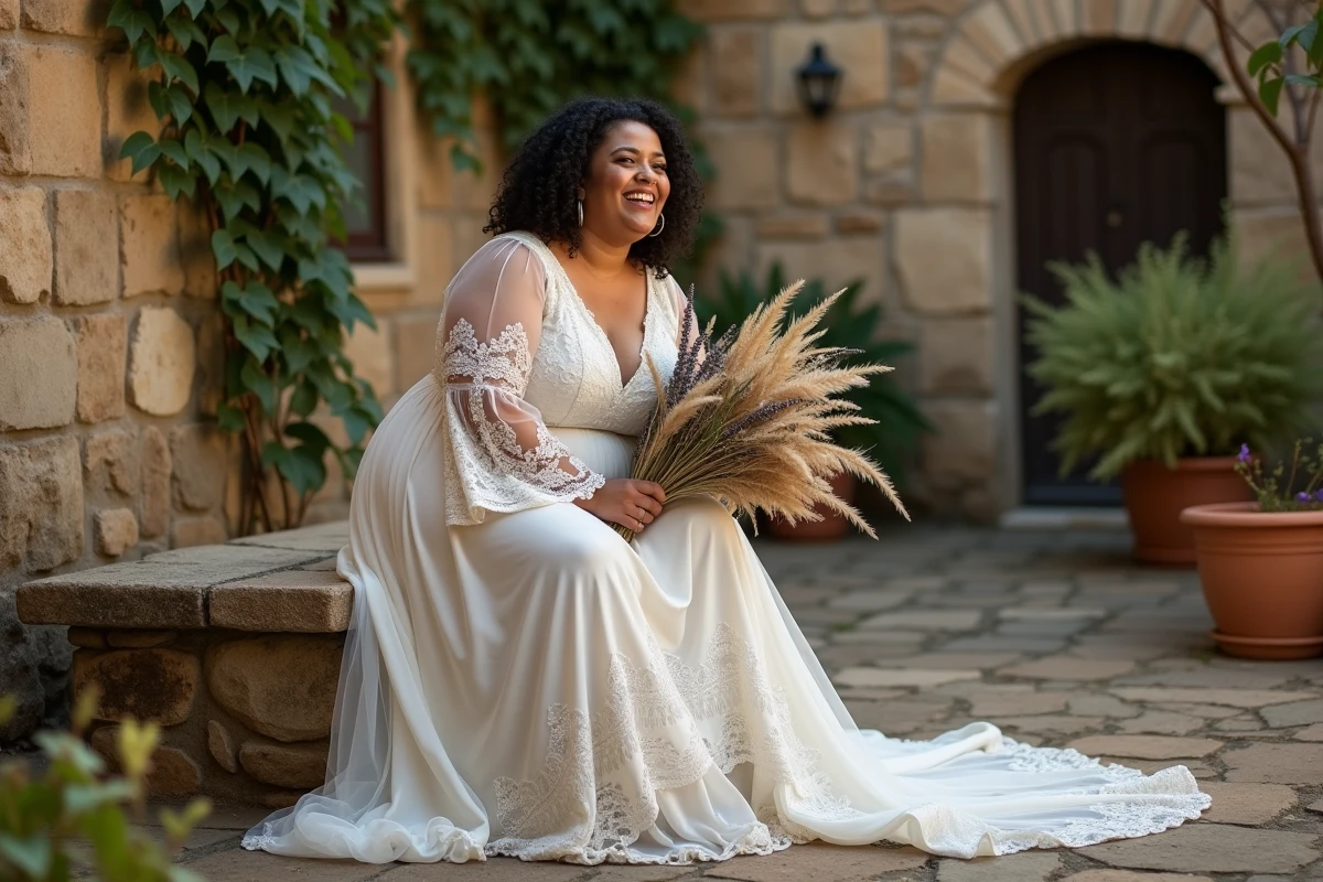 Femme ronde assise dans un jardin en robe de mariée bohème manches longues avec bouquet de fleurs sauvages séchées