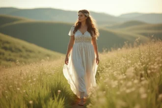 Femme ronde en robe de mariée bohème en dentelle dans une prairie fleurie, silhouette légère et naturelle